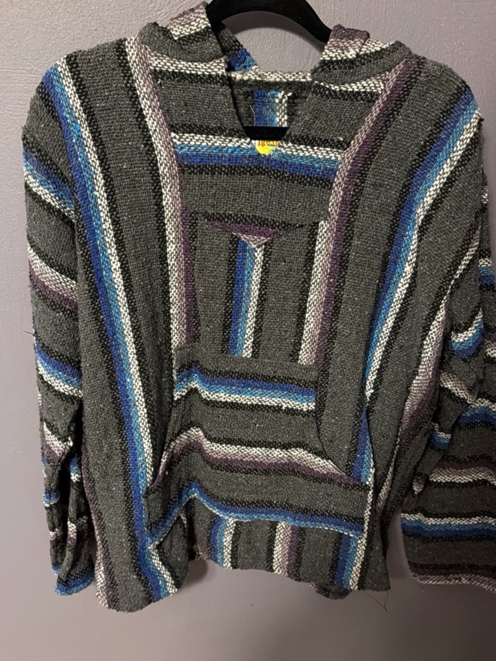 Source Unknown Gray Striped Baja Hoodie with Blue and Purple Accents